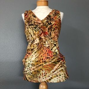 Spense Jungle Print sleeveless ruffled blouse Med
